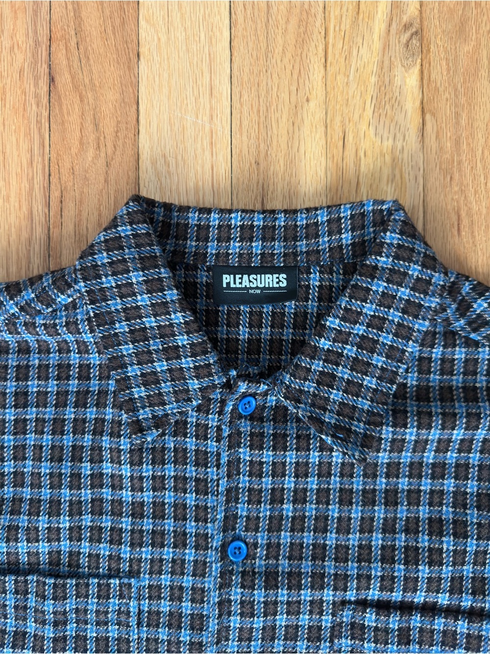 PLEASURES Men’s Blue and Brown Plaid Button-Down Shirt - Picture 2 of 4
